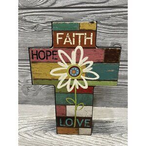 Chunky Cross Faith Hope Love Colorful Flower Boho Christian Religious 7.5” Tall